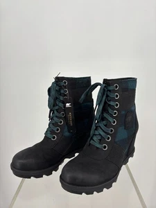 Sorel Lexie Keilabsatz Stiefel Damen 7 schwarz Leder Flanell kariert wasserdicht NL3779 - Bild 1 von 6