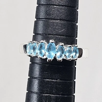 Anillo Banda Media Eternidad Apatita 7 Piedras Tono Plata Azul Claro Corte Marquesa Talla 6 Foto 1 de 4