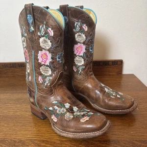 Macie Bean Girl’s Cowboy Boots 3379 Brown Floral Embroidered Leather Size 3 - Picture 1 of 11