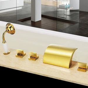 Gold 5 Hole waterfall Brass Tub widespread Bathtub Faucet with Hand Shower Spray - Picture 1 of 4