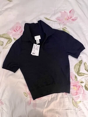 H&M Women's Polo Shirt Navy Blue Solid Knit 100% Wool Top Size XS Collar Preppy - Image 1 of 3