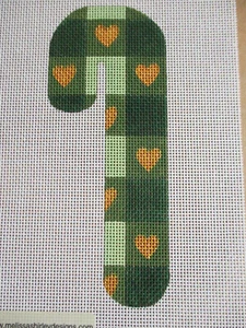 Melissa Shirley Handpainted Needlepoint Canvas Green w/ Hearts Candy Cane - Picture 1 of 2