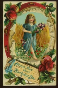 SCHÖNE ALTE GEBURTSTAG POSTKARTE KIND IM WEIZENFELD TAMBORIN BORDÜRE 080421 Q - Bild 1 von 2