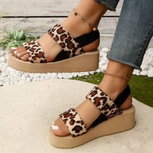 Occident Women Platform Open Toe Slingback Sandal Leopard Print Shoes Wedge Heel - Picture 1 of 23