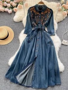 Frühlingsmode Retro Temperament einfaches Revers einreihiges Cowboykleid neu - Bild 1 von 11