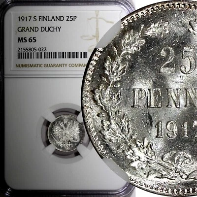 Finland Nicholas II 1917 S 25 Pennia NGC MS65 Grand Duchy KM# 6.2 (022) - Image 1 of 4