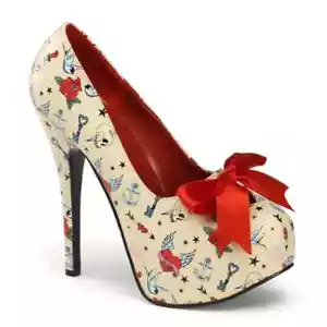 Bordello Teeze-12-3 Cream Tattoo Print Concealed Platform Shoes IN-STOCK - Picture 1 of 1