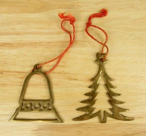 Vintage Brass Cut out Christmas Ornaments Tree and Bell Set of 2 - Picture 1 of 3