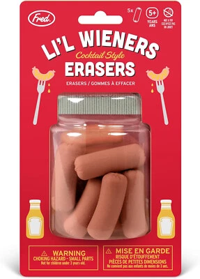GOMAS DE BORRAR Fred Cocktail Wiener genuinas, juego de 5, diseño humorístico de perritos calientes, regalo mordaza Foto 1 de 4