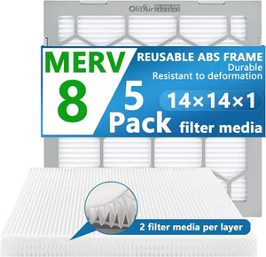 Air Filter - Furnace/HVAC, 14 x 14 x 1, MERV 8 - 5-Pack W/Reusable ABS Frame - Picture 1 of 10