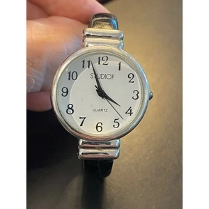 Women's 30mm Silver Tone Bangle Bracet Watch by Studio Time, Black Wrtapped Band - Picture 1 of 3