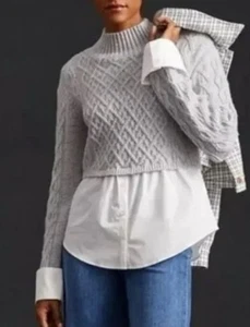 NWT Maeve by Anthropologie Cable Knit Layered Sweater TOP Gray LARGE L - Picture 1 of 9