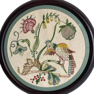 Vintage Embroidered Framed Needlepoint Parakeet Floral Round Wall Art 16” - Picture 1 of 14