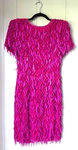 AJ Bari Silk Hot Pink Cattail Sequin Beaded Fringe Vintage Trophy Sheath Dress 6 - Picture 1 of 13