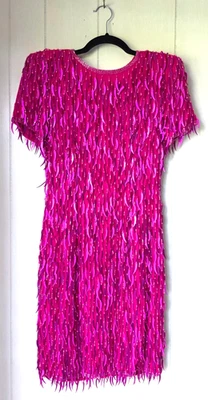 Vestido vaina trofeo vintage AJ Bari seda rosa cola de gato lentejuelas con cuentas flecos 6 Foto 1 de 4