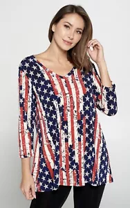 JOSTAR POLY SPANDEX V neck TOP Stretch Knit PATRIOTIC Red Navy FLAG W297 Small - Picture 1 of 6