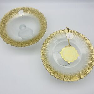 TURKISH GLASS Gold Rim Small Cake Stand Glass Pedestal Dessert Platter Set 2   