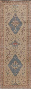 Geometric Beige/ Light Blue Turkish Heriz Runner Rug 3x10 Handmade Wool Carpet - Picture 1 of 12