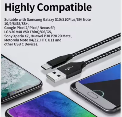 Nylon Braided USB Cable Type-A to Type-C 3A Fast Charging 6FT - Qty Discounts - Image 1 of 4