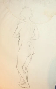 Pintura a lápiz modernista vintage retrato femenino desnudo - Imagen 1 de 10