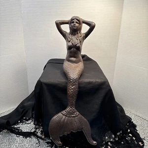20” Mermaid Cast Iron Statue Figure Shelf Sitting Whimsical Kitschy Bronze - Picture 1 of 20