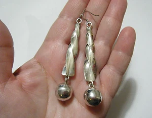 Vintage 80s Modernist 3" Long Sterling Silver Spiral & Ball Dangle Drop Earrings - Picture 1 of 5