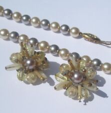 HALSKETTE  u. OHRCLIPS Modeschmuck Perlen cremefarben Vintage
