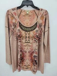 One World Top Damen Plus 1X orange hellbraun Azteken Tribal Perlen Boho künstlerische Bluse - Bild 1 von 9