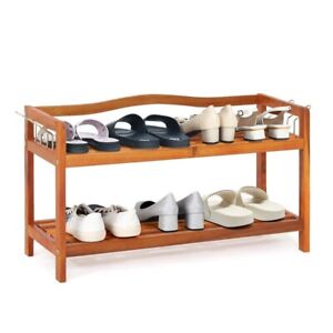 2-Tier Shoe Rack Solid Acacia Wood Shoe Shelf & Plant Stand W/Side Metal Hooks
