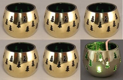 Votive Candle Holder Brass Green Glass Liner Tree Cutouts 3"D  2.75"H Set/6 - Image 1 of 4