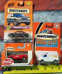 3 MATCHBOX Cars 2002 Coca Cola & Hero City Ford Transit Van & 1997 #70 E Class - Picture 1 of 12
