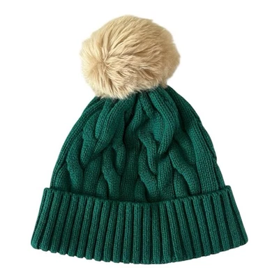 Mark & Graham Faux Fur Pom Pom Beanie Hat Vintage Green Preppy Winter Feminine - Image 1 of 4