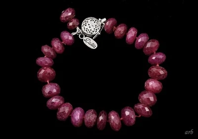 Brilliant Faceted Magenta Red Genuine Ruby Bead Bracelet 14k White Gold Clasp - Image 1 of 4