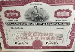1929 RAILWAY EQUIPMENT & REALTY Cmpany Ltd. DELAWARE STOCK CERTIFICATE Specimen - Picture 1 of 8
