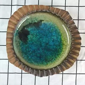 Mid Century Modern Robert Maxwell Ashtray Aqua Green Blenko Crackle Glass Heavy - Picture 1 of 7