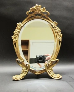 Fine Antique 14" ART NOUVEAU Gilt Metal Mirror w/ Easel Stand, circa 1920s - Picture 1 of 11