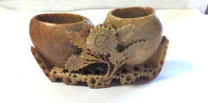 VINTAGE BEAUTIFUL CHINESE HAND CARVED SOAPSTONE FLOWER BRUSH POT VASE - Picture 1 of 9