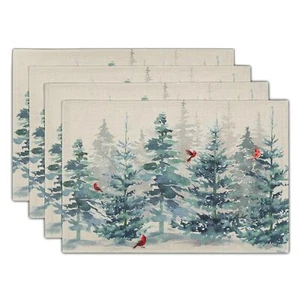 Winter Forest Tree Placemats Set of 4,Pine Tree Christmas Red Bird Heat Resis... - Picture 1 of 7