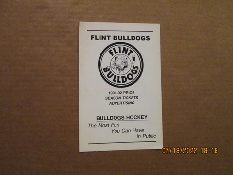 COHL Flint Bulldogs Vintage Defunct 1991-92 Season Ticket Prices & Advertising Cover
