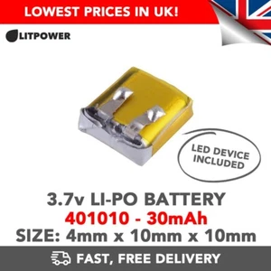 Batteria Li-Po 3,7 V 30mAh (401010) ricaricabile cella al litio (+ dispositivo LED) - Foto 1 di 1