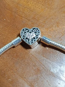 Sterling Silver Snake Chain Charm Bracelet With Fancy Scroll Heart 20cm. - Picture 1 of 2