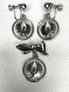 Vintage Phoenix / Eagle Screwback Earring and Brooch / Pin Set - Silver Tone - Picture 1 of 4