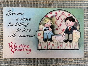 Valentine Greeting Boy Girl Couch Give Me A Shove Im Falling In Love Postcard - Picture 1 of 2