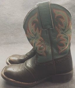Justin Leather Square Toe Boots 8.5D 7201JR Kids Stampede Brown Green Shaft - Picture 1 of 6
