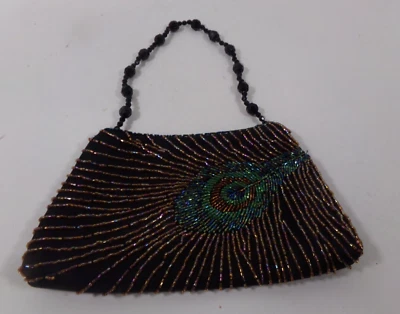 Cato Beaded Evening Purse Peacock Feather Design Black Beaded Handle Zip Closure - Image 1 of 4