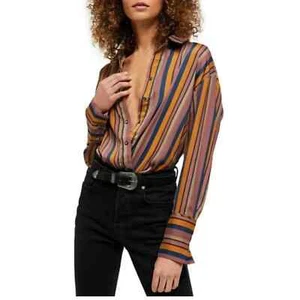 Free People We the All Smiles Langarm Satinstreifen Knopfbluse Shirt SMALL - Bild 1 von 13