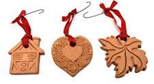 Vintage Terra Cotta Clay Christmas Ornaments Heart House Leaf Set Of 3