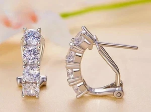 2 Ct Round Cut Moissanite Women's Omega Back Hoop Earrings 14K White Gold Plated - Picture 1 of 6