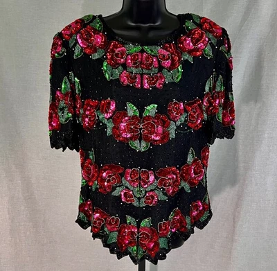 Top de Colección Laurence Kazar Mujer Con Cuentas Lentejuelas 1X Rojo Rosa Verde Rosas Negro Seda Foto 1 de 4