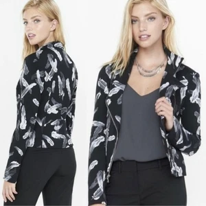 Express Womens Jacket M Black Feather Print Moto Scuba Knit Artsy Indie Sleaze - Picture 1 of 7